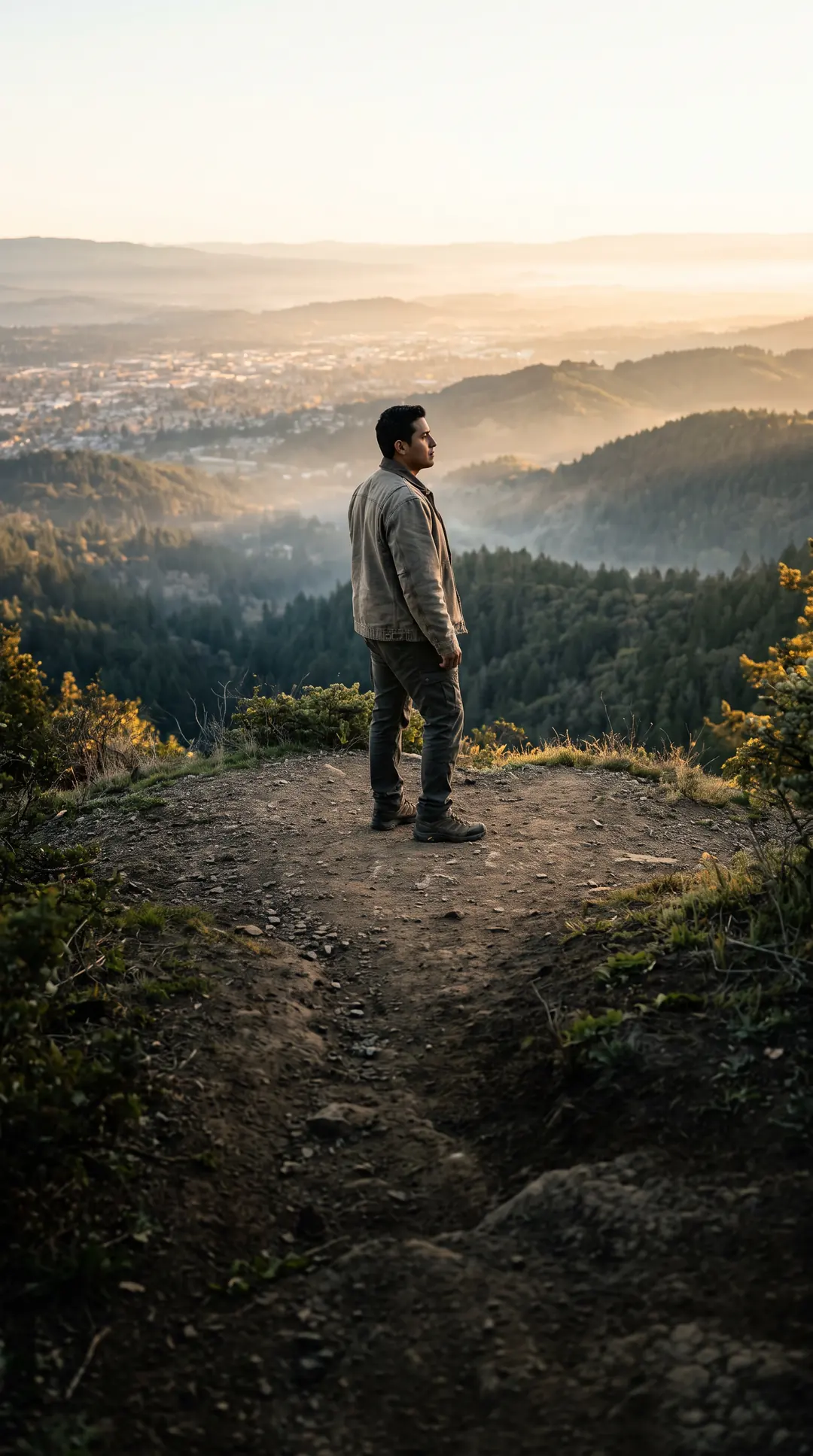 A man on a high overlook at sunrise, taking in the town and the ridges below.