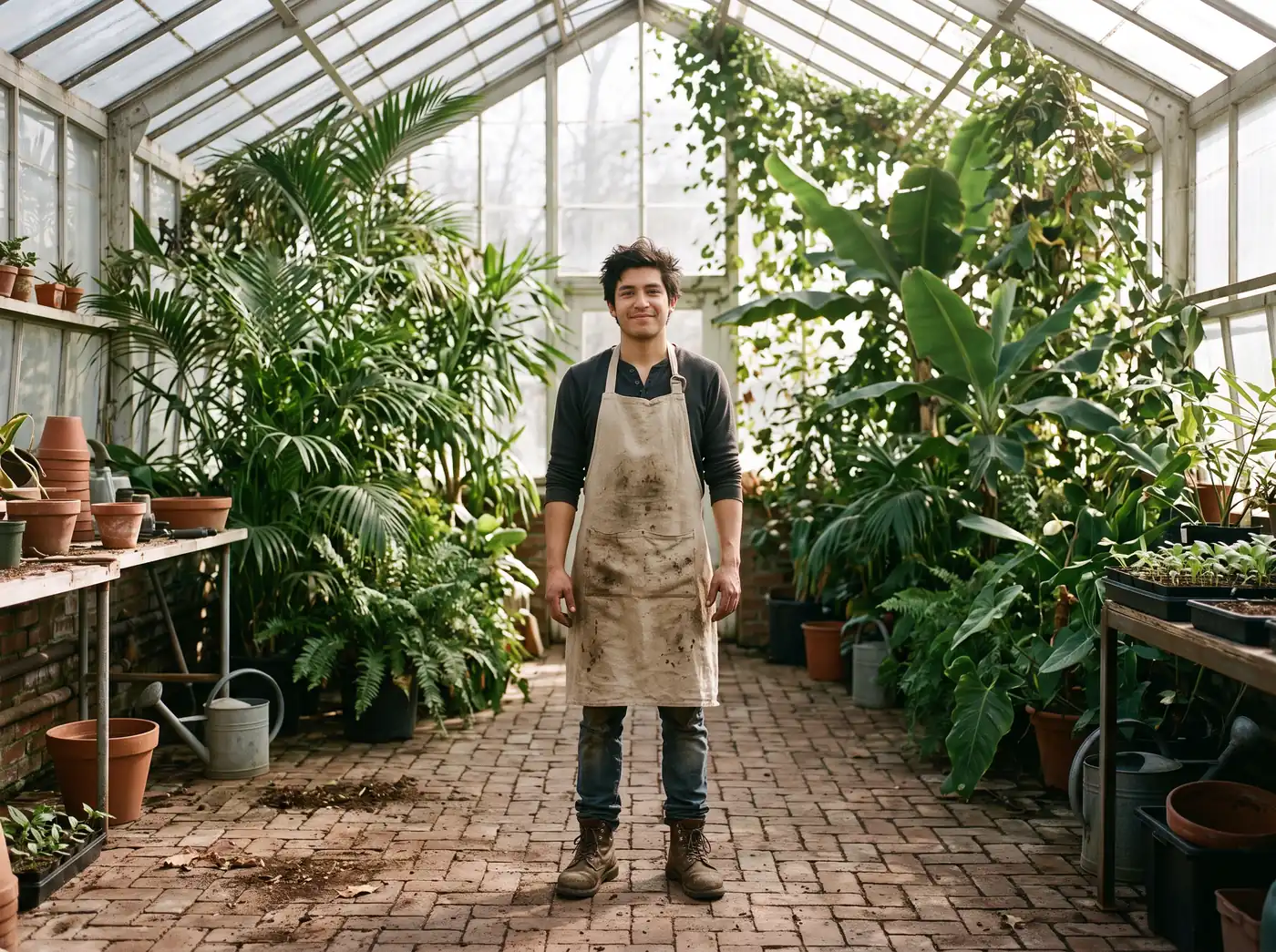A young man standing among tall plants in a sunlit greenhouse, at home in the work.