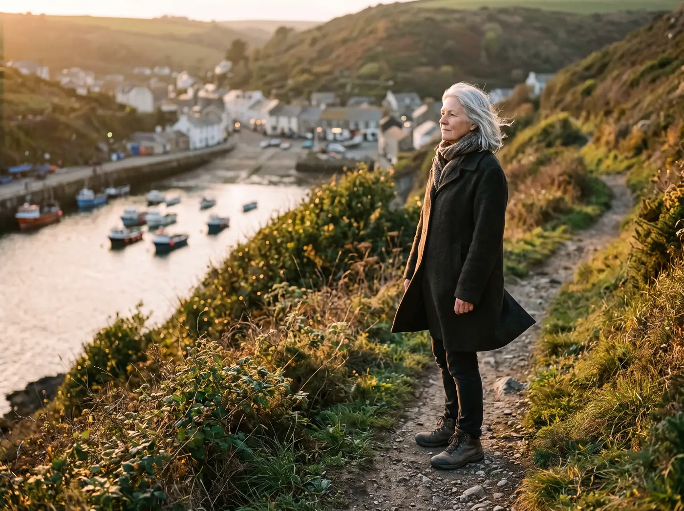 A woman on a coastal path above a harbor, looking toward the town as if she has come home.