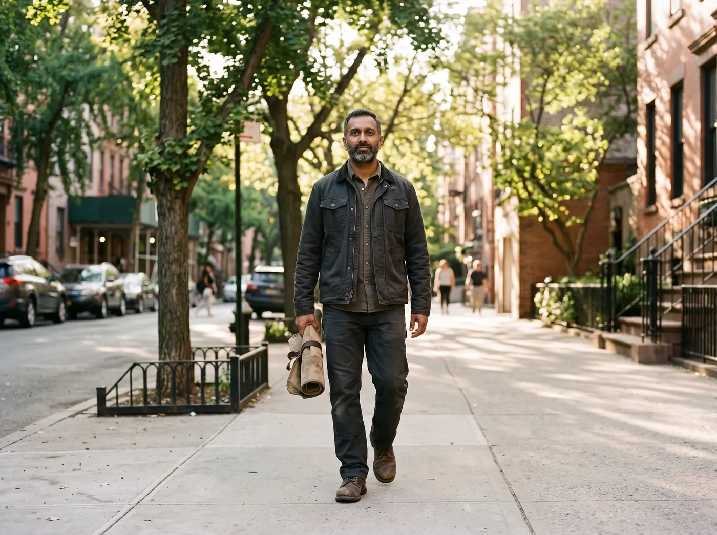 A man stepping from a sunlit platform onto a tree-lined street, as if the route is his.