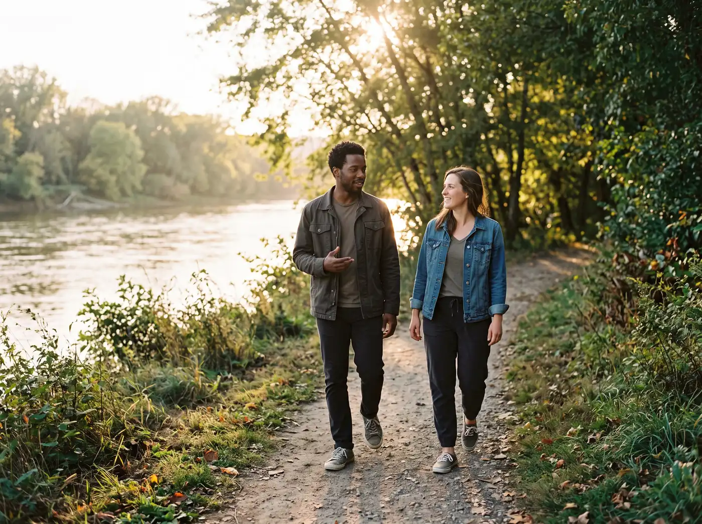 Two friends walking a river path in late light, easy in each other’s company.