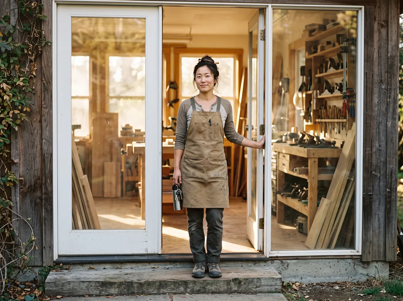 A woman walking into a bright workshop in the morning, glad to be arriving at work that fits.